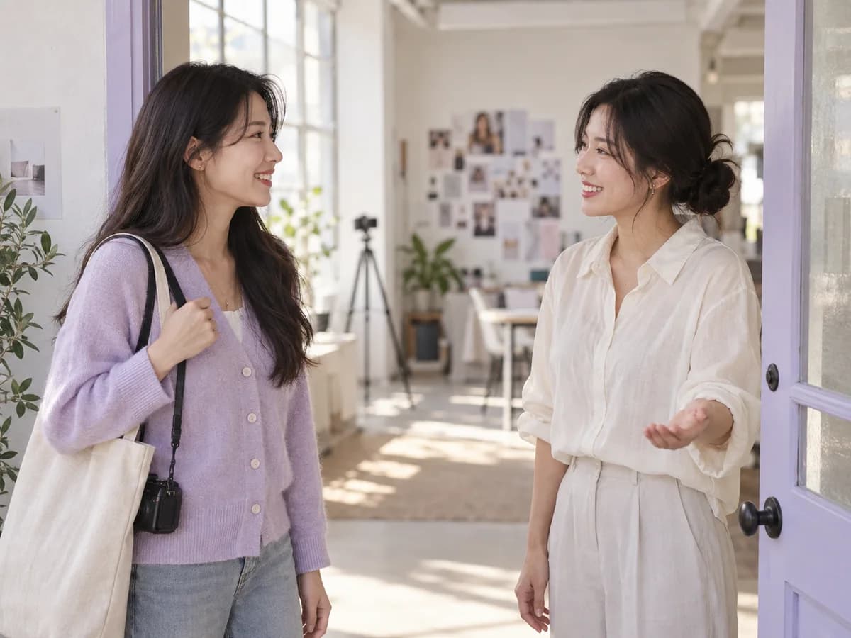 스튜디오에서 처음 만나 반갑게 인사하는 브랜드 담당자와 크리에이터