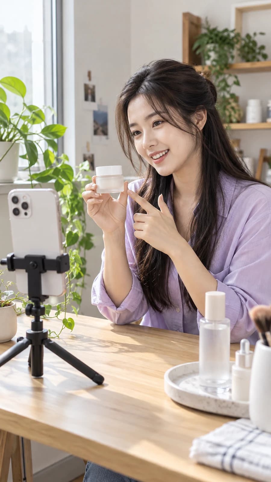 스마트폰으로 자신의 뷰티 루틴을 촬영하는 크리에이터