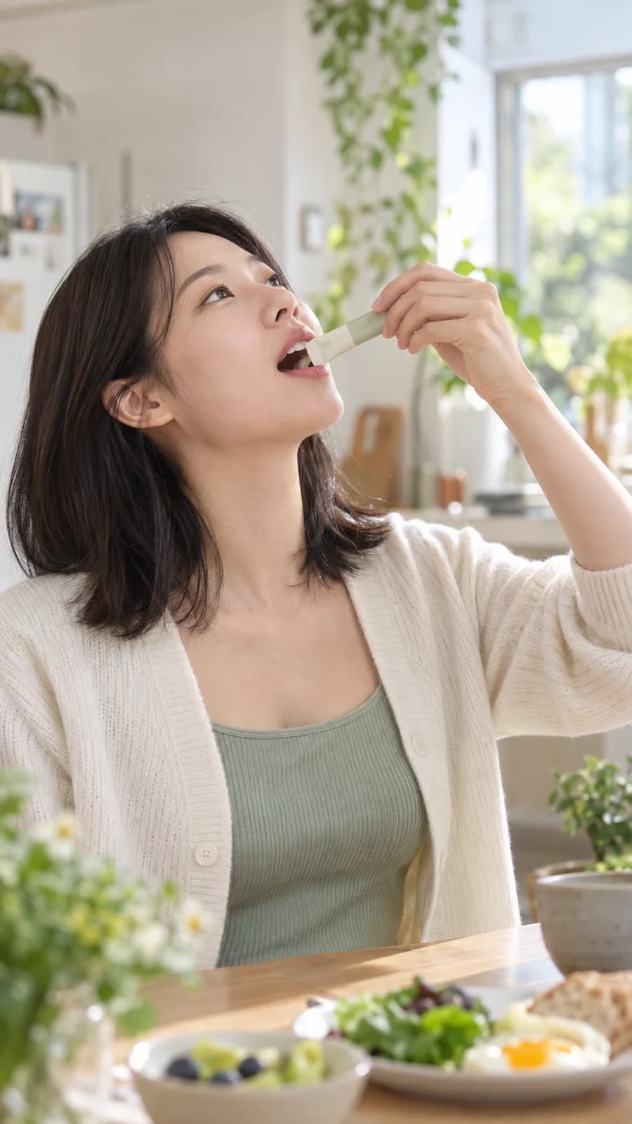 밝은 주방에서 효소 스틱을 입에 털어 먹는 여성