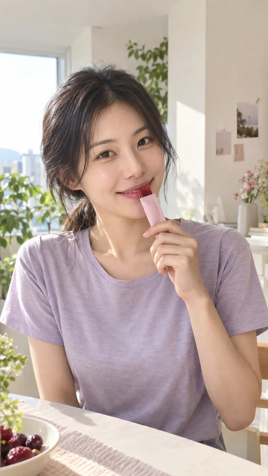 햇살이 드는 방에서 붉은 뷰티젤리를 한 입 먹는 여성