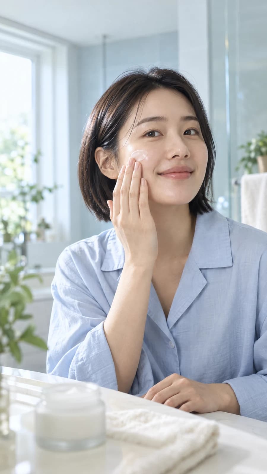 피부에 크림을 바르며 아침 스킨케어를 하는 여성