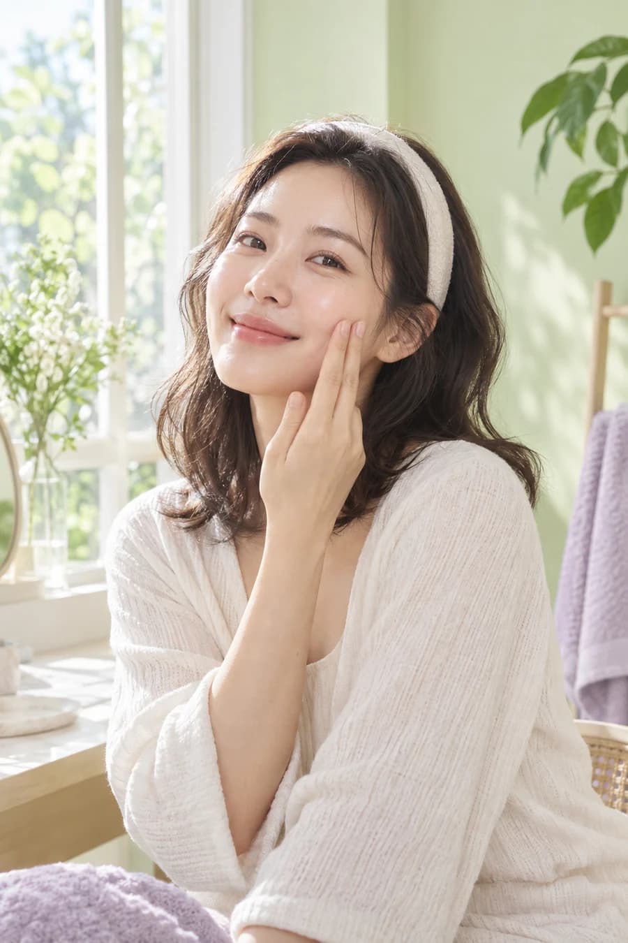 햇살 아래 피부를 돌보며 산뜻한 스킨케어 루틴을 즐기는 여성
