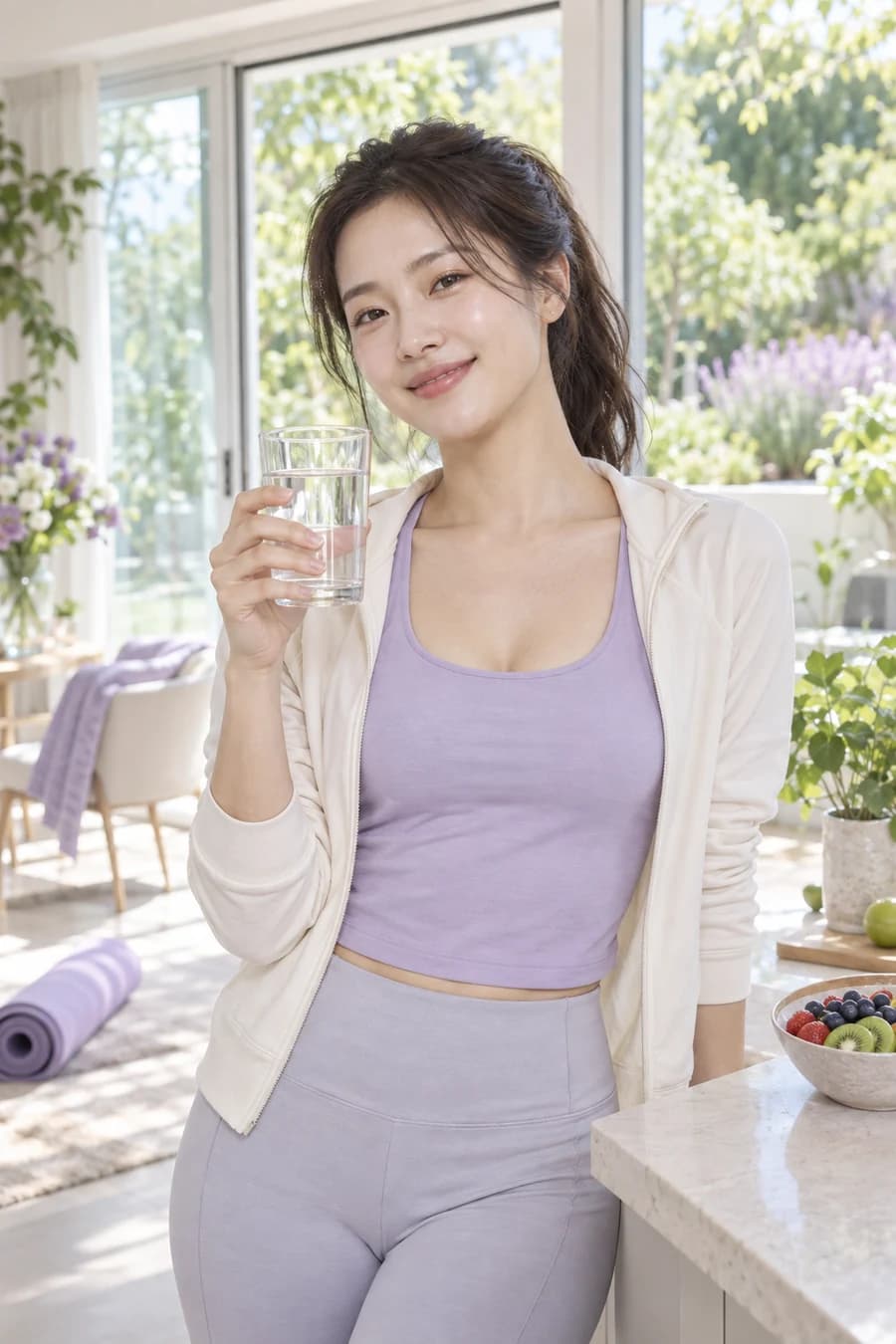 운동 후 물과 신선한 과일로 건강한 아침을 시작하는 여성